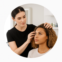 Illustration d’une coiffeuse analysant un cheveu pour diagnostiquer sa nature dans le cadre d’une formation au lissage brésilien Myriam•K Paris®